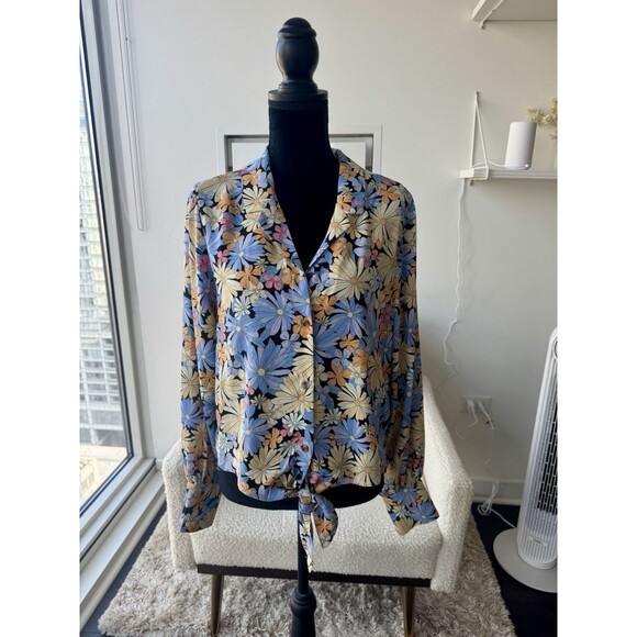 Sanctuary Tops - Sanctuary Bright Floral Long Sleeve Tie Front Button Down Blouse Size Large NWT!
